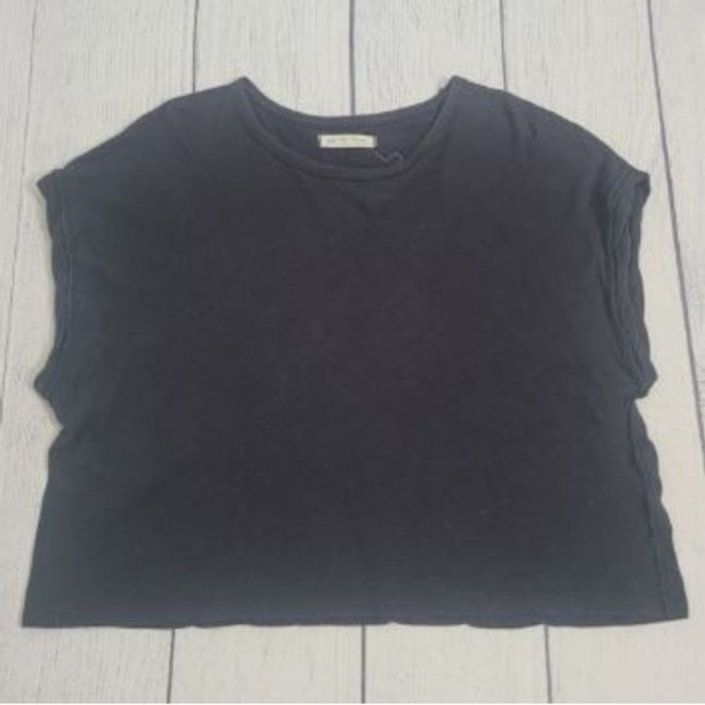 We The Free Small Boxy Crop Tee Womens Black Cotton Raw Seam Short Sleeve